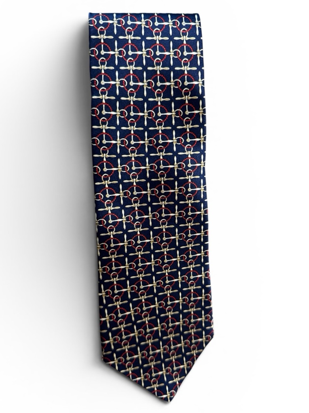 Cromley and Finch Navy Geometric Silk Tie with Red & Cream Accents #629